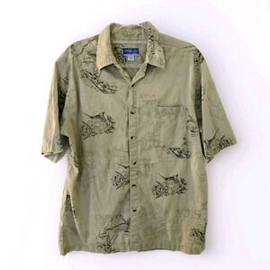 Fishing Life Outfitters Mens Large Marlin Print Cotton Button Up Shirt Green